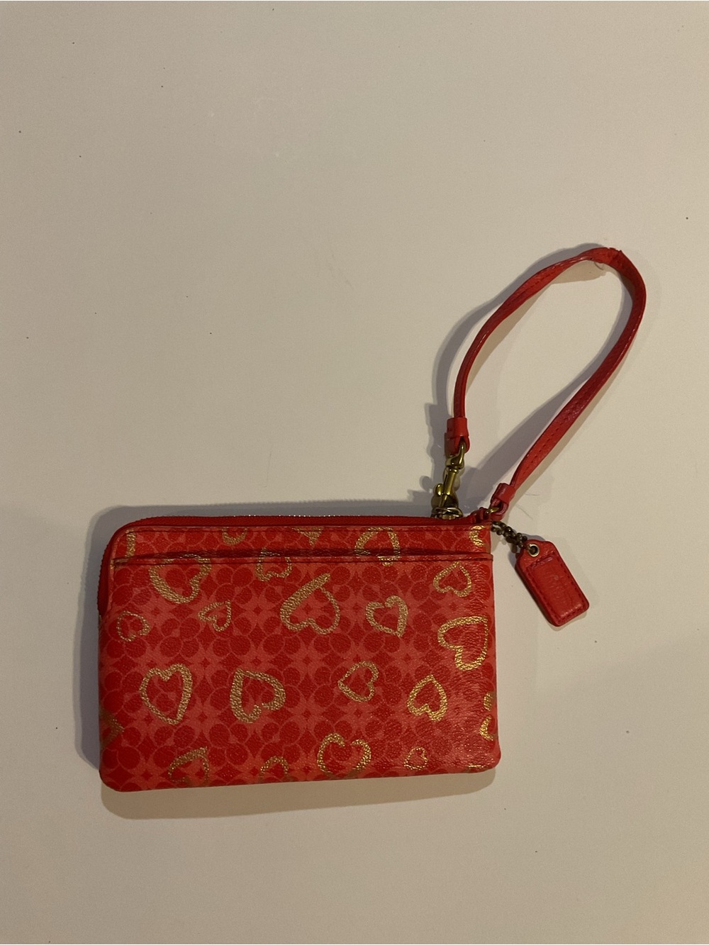 Coach Red Mini Signature C Gold Heart Print Wristlet Valentine Coquette